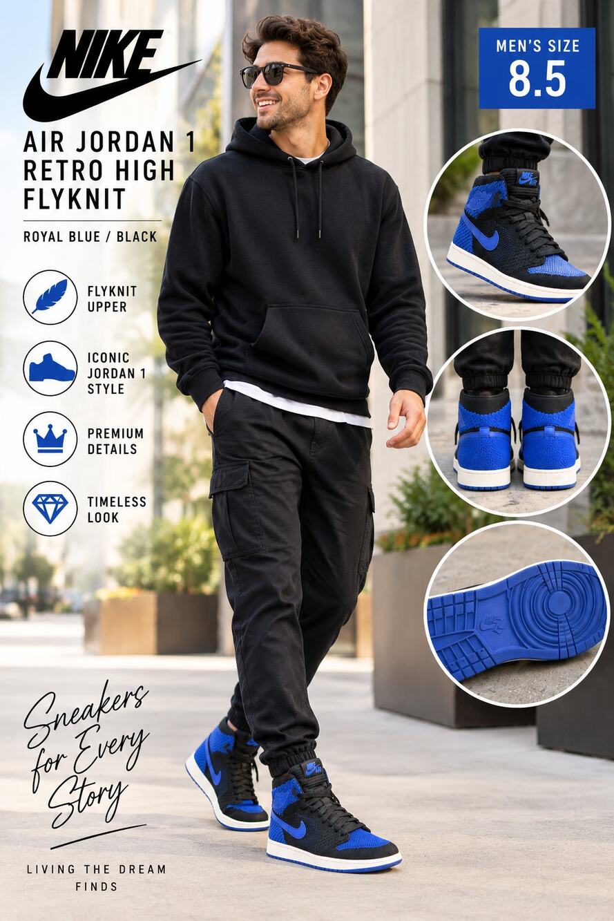 Nike Air Jordan 1 Retro High Flyknit Royal Blue Black Men’s Size 8.5 919704 006